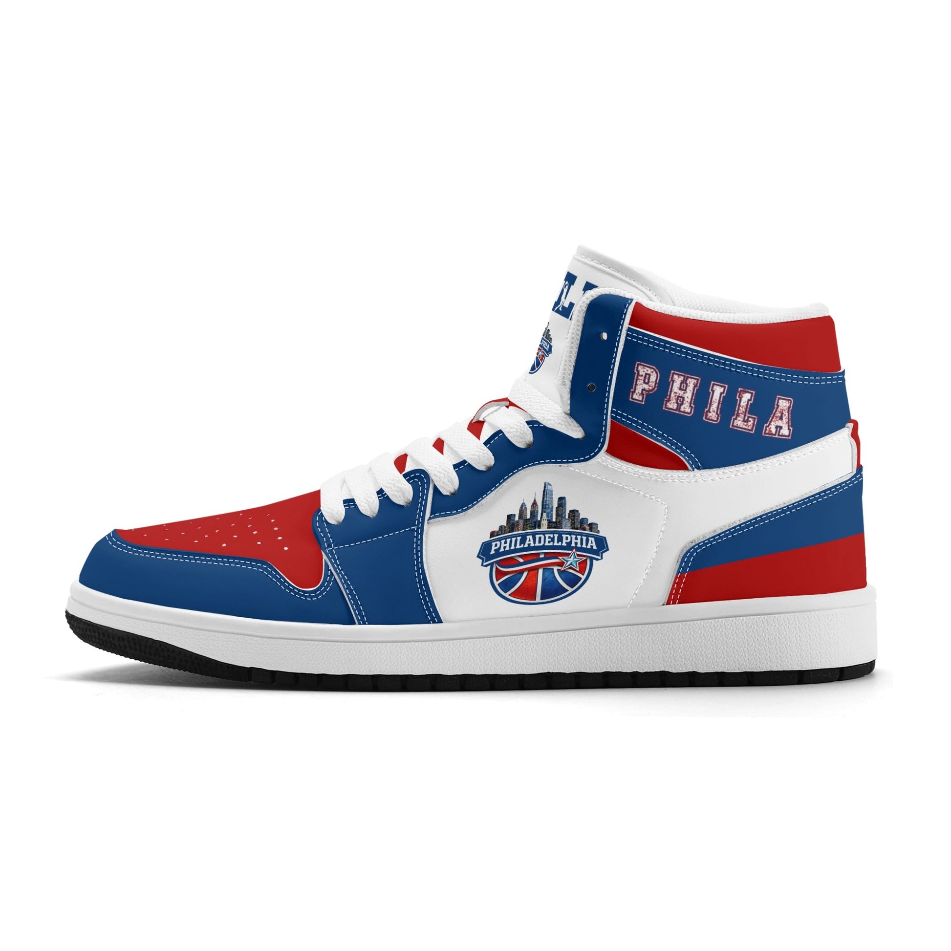 Philadelphia basketball-inspired high top sneakers with all-over city graphic printed upper