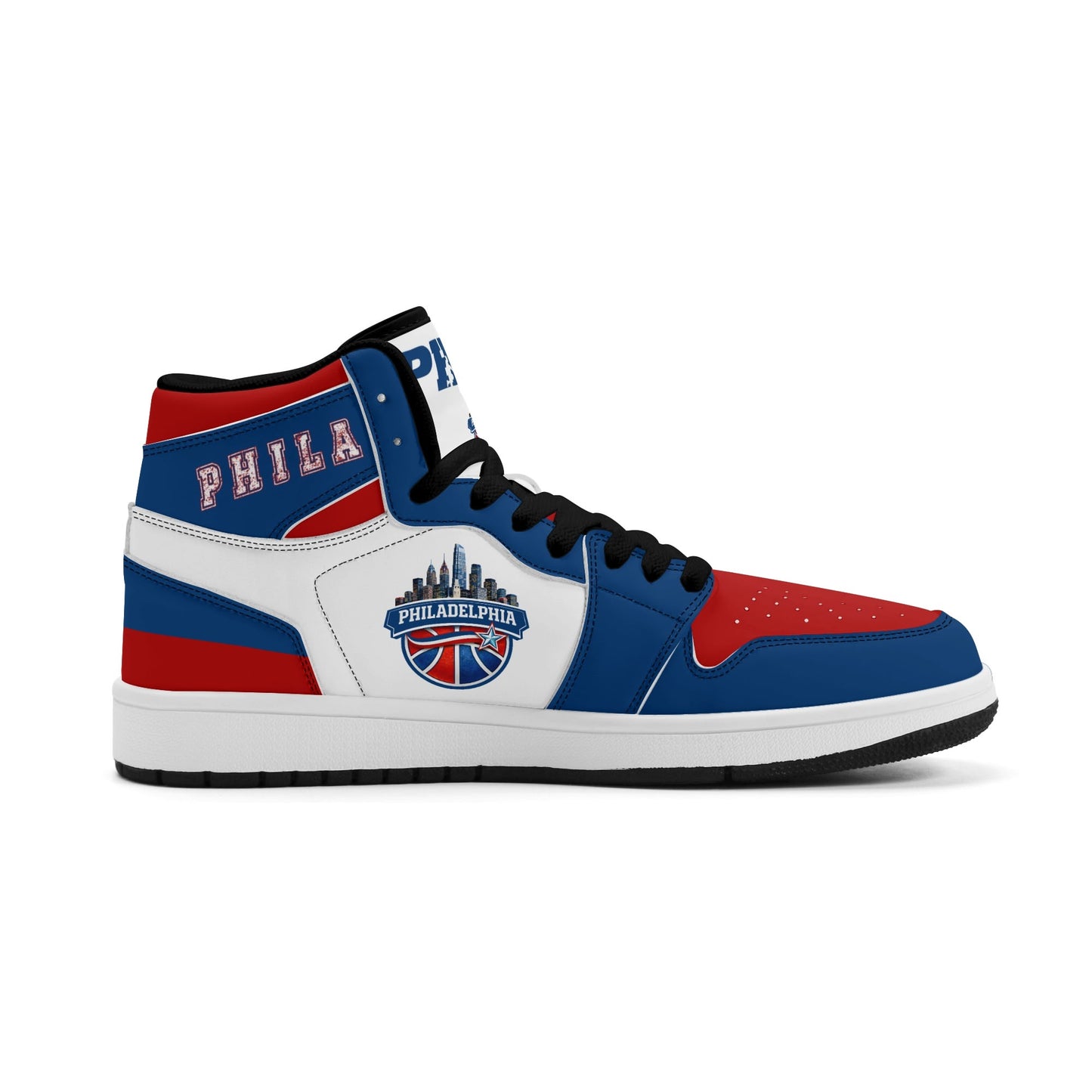 Philadelphia basketball-inspired high top sneakers with all-over city graphic printed upper