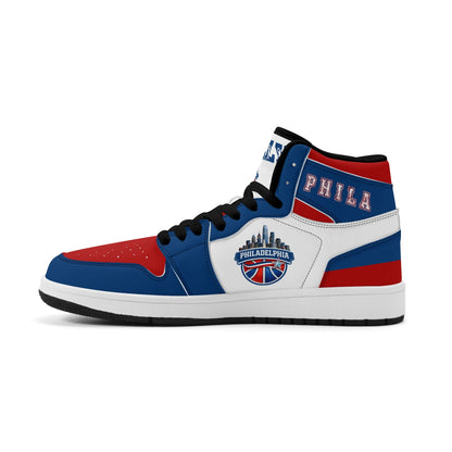 Philadelphia basketball-inspired high top sneakers with all-over city graphic printed upper