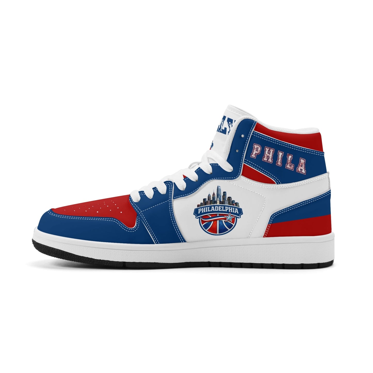 Philadelphia basketball-inspired high top sneakers with all-over city graphic printed upper