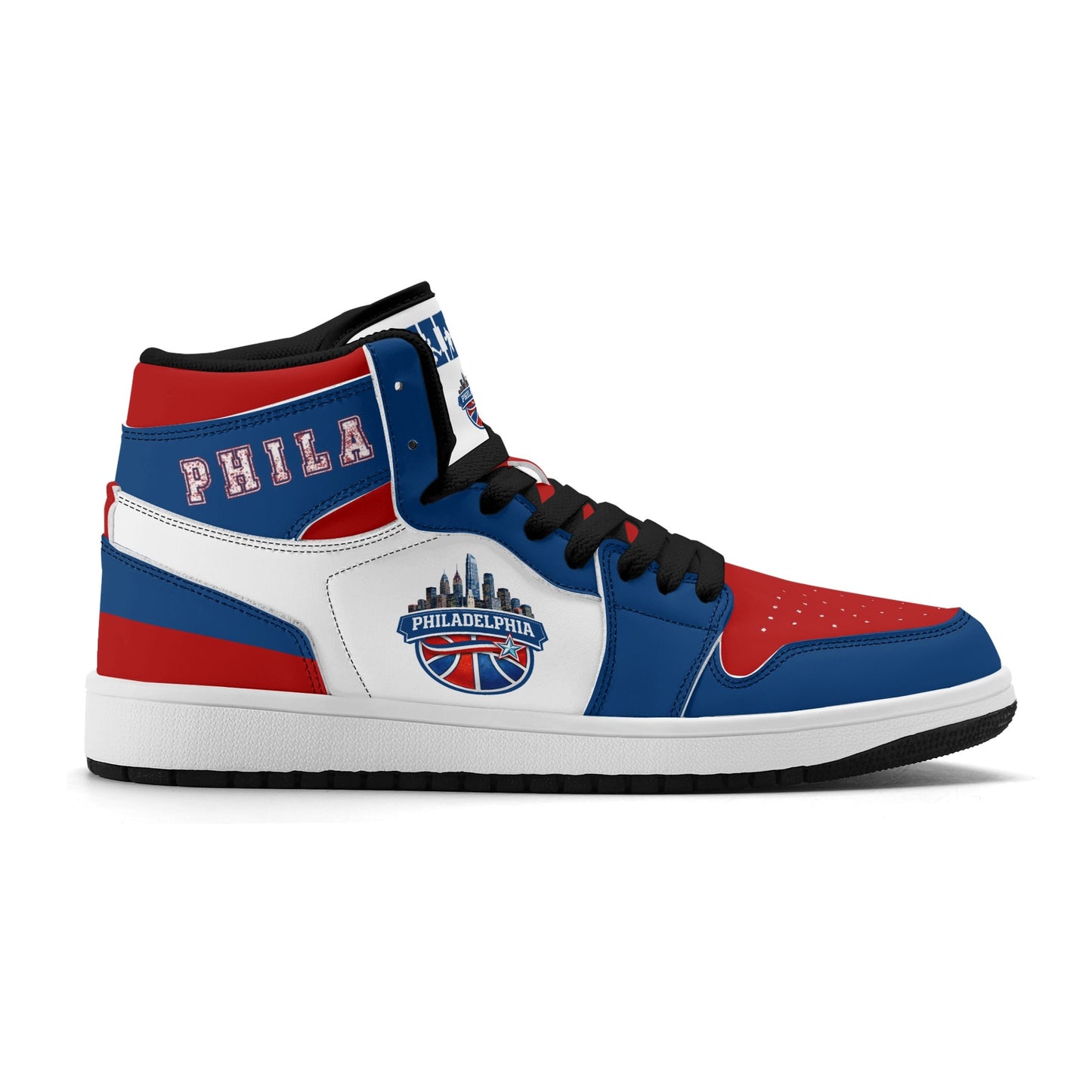 Philadelphia basketball-inspired high top sneakers with all-over city graphic printed upper