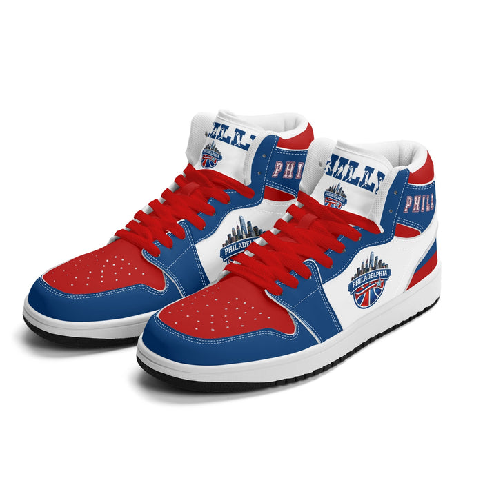 Philadelphia basketball Jamrock High top sneakers in royal blue, red and white with PHILA collar and PHILADELPHIA skyline badge