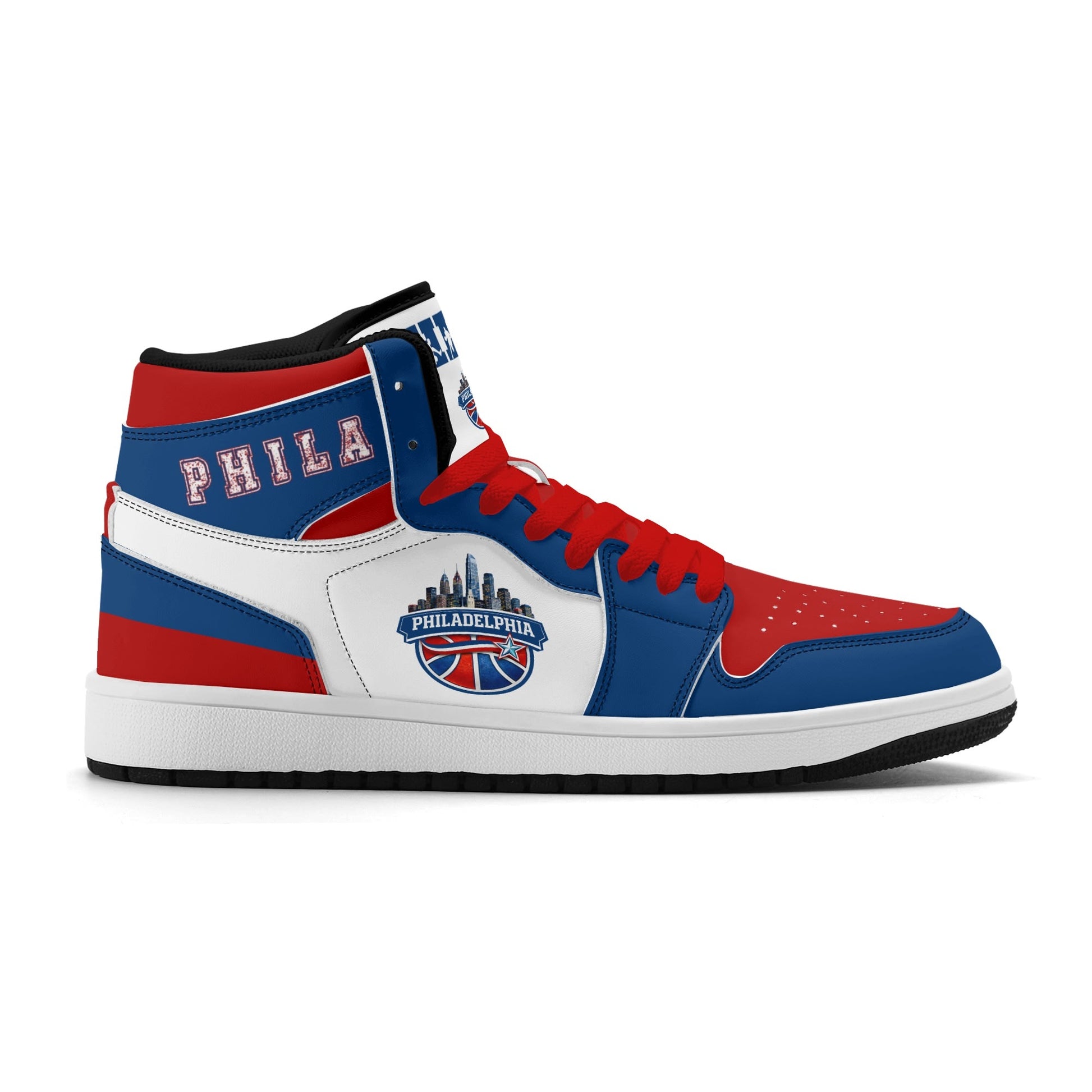Philadelphia basketball-inspired high top sneakers with all-over city graphic printed upper