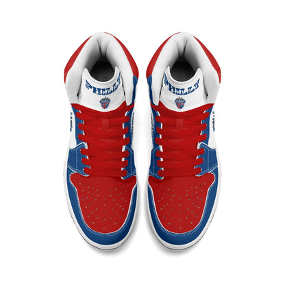 Philadelphia basketball-inspired high top sneakers with all-over city graphic printed upper