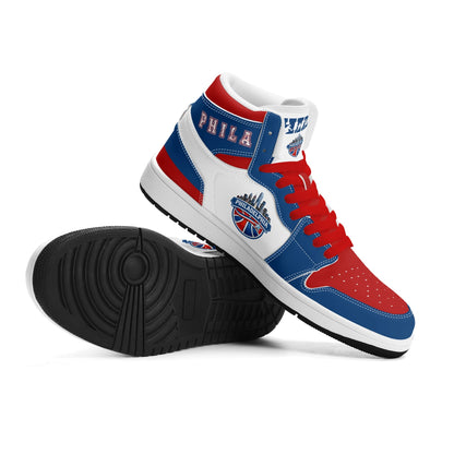 Philadelphia basketball-inspired high top sneakers with all-over city graphic printed upper