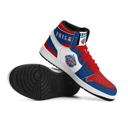 Philadelphia basketball-inspired high top sneakers with all-over city graphic printed upper