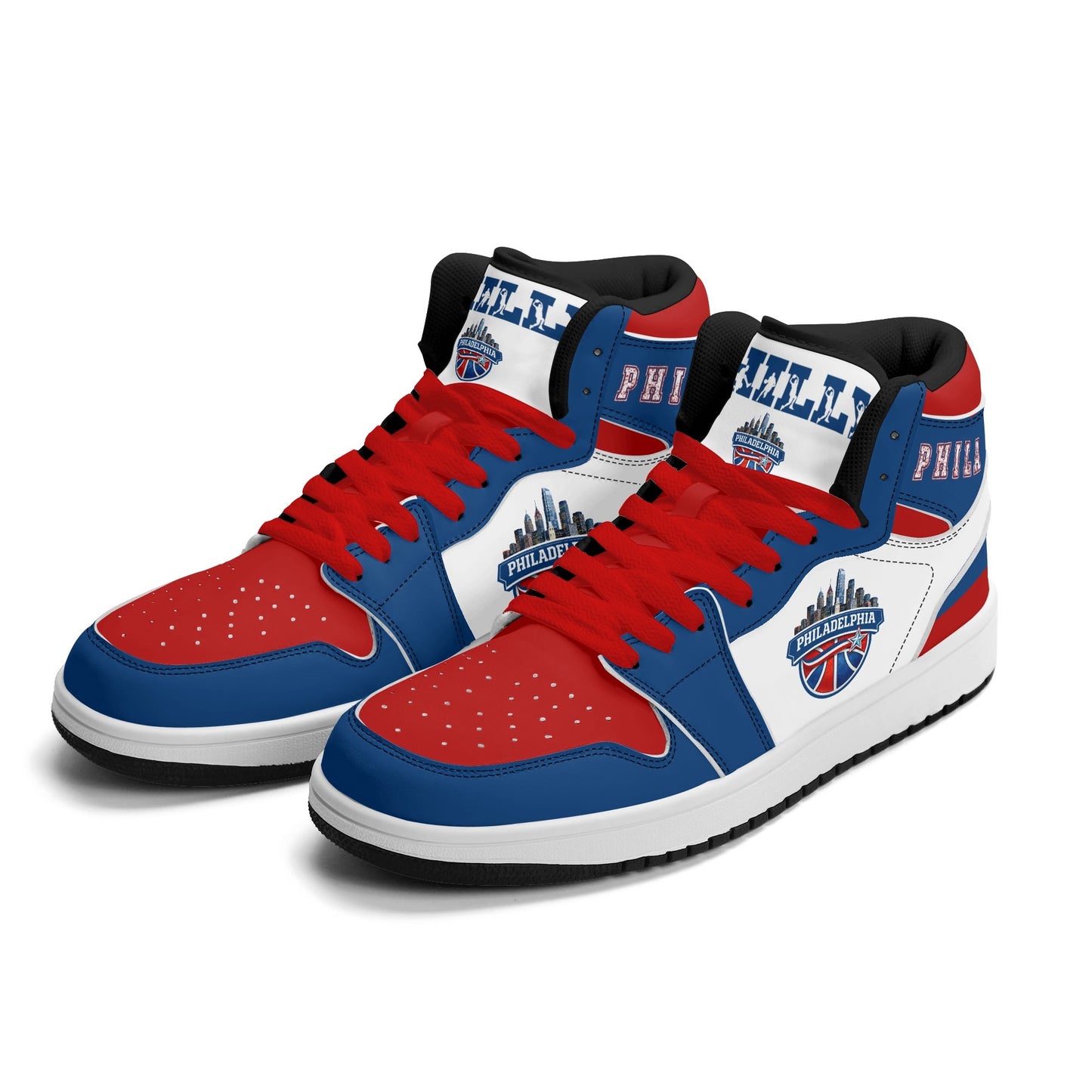 Philadelphia basketball-inspired high top sneakers with all-over city graphic printed upper