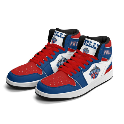 Philadelphia basketball-inspired high top sneakers with all-over city graphic printed upper