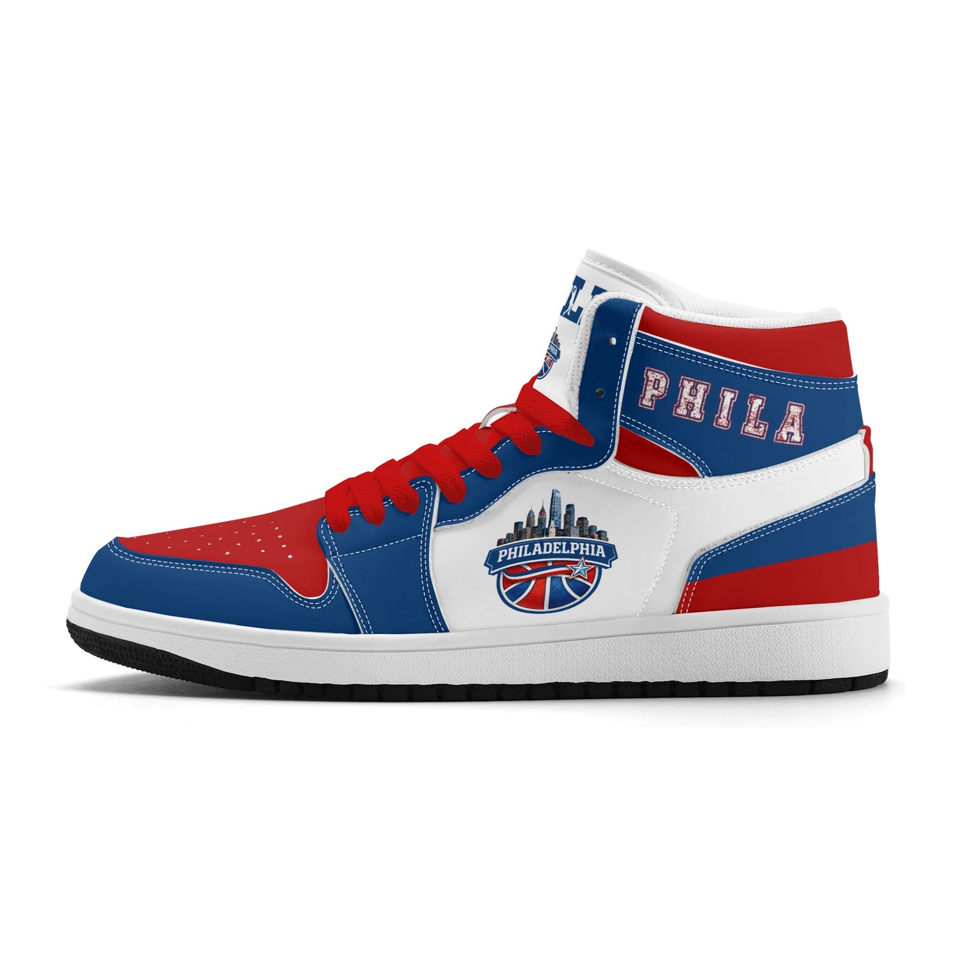 Philadelphia basketball-inspired high top sneakers with all-over city graphic printed upper