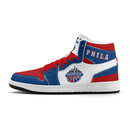Philadelphia basketball-inspired high top sneakers with all-over city graphic printed upper