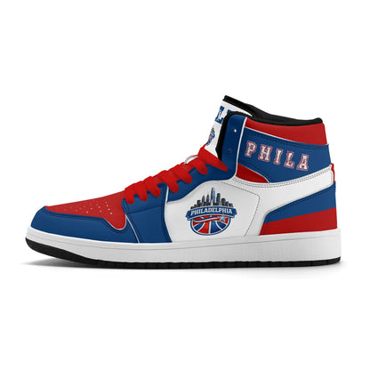 Philadelphia basketball-inspired high top sneakers with all-over city graphic printed upper