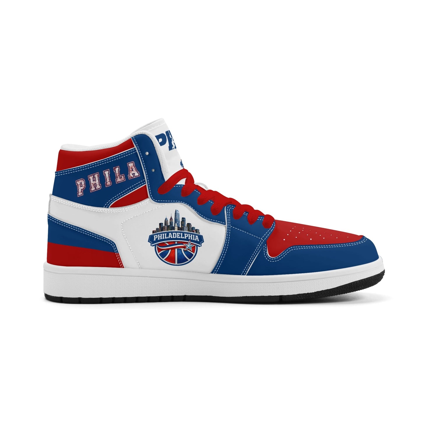 Philadelphia basketball-inspired high top sneakers with all-over city graphic printed upper