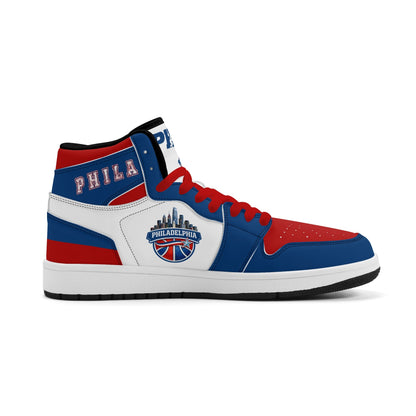Philadelphia basketball-inspired high top sneakers with all-over city graphic printed upper