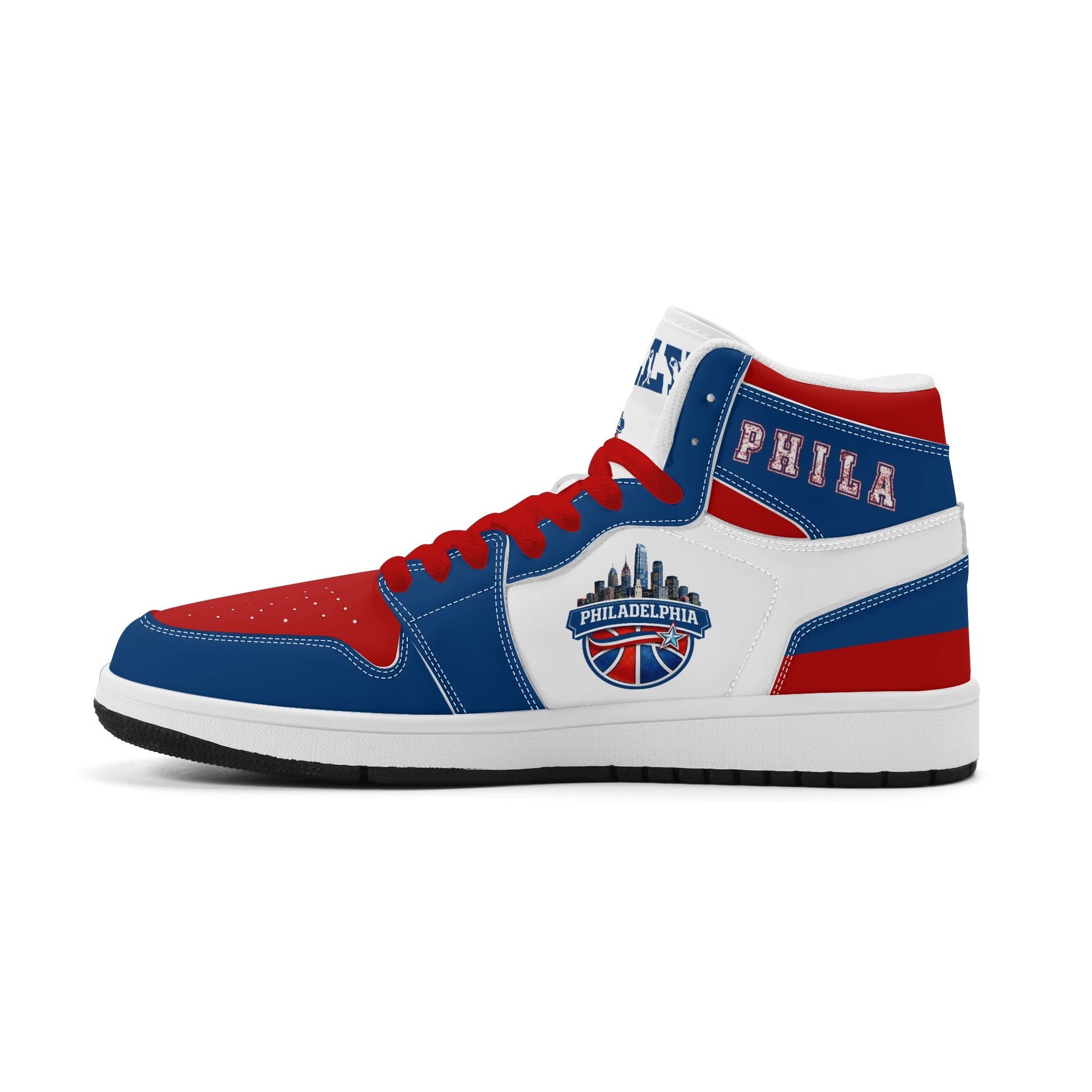 Philadelphia basketball-inspired high top sneakers with all-over city graphic printed upper