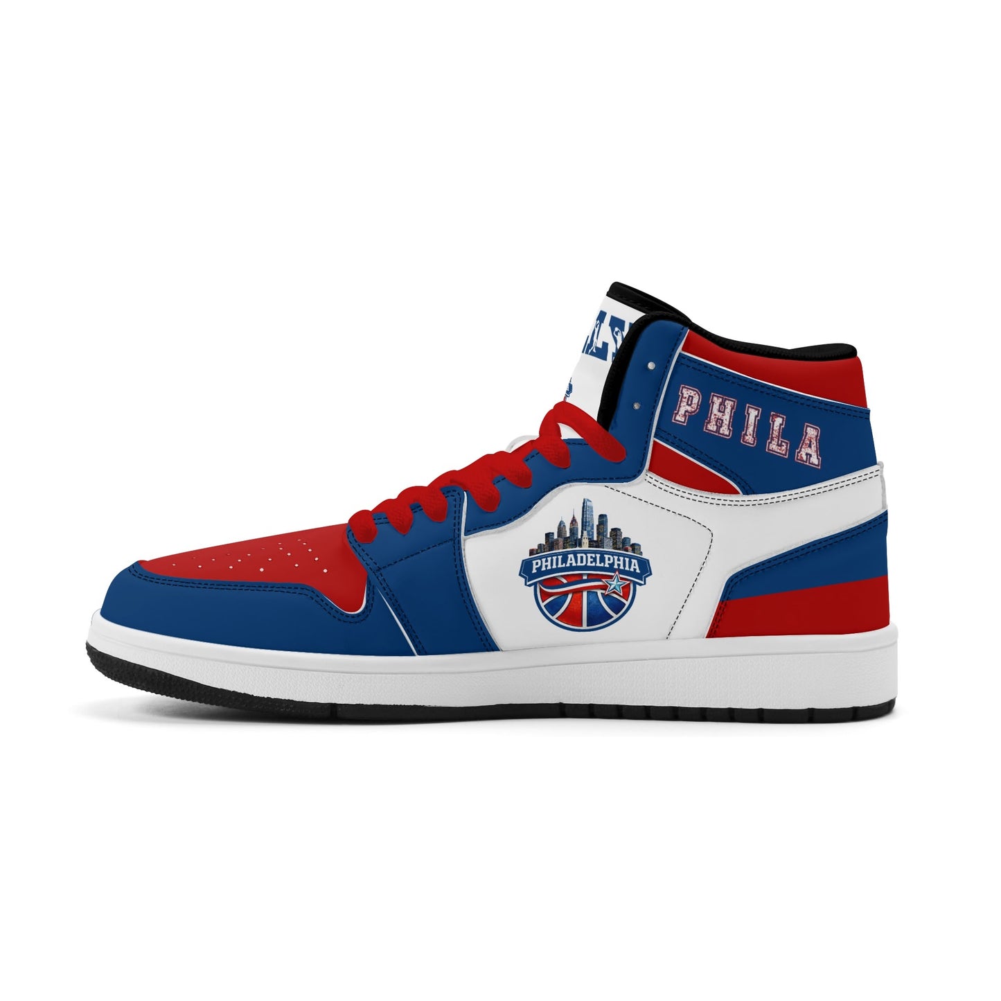 Philadelphia basketball-inspired high top sneakers with all-over city graphic printed upper