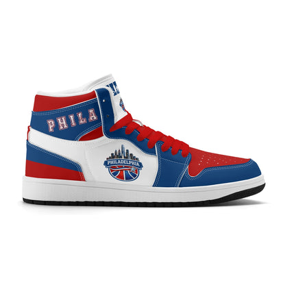 Philadelphia basketball-inspired high top sneakers with all-over city graphic printed upper