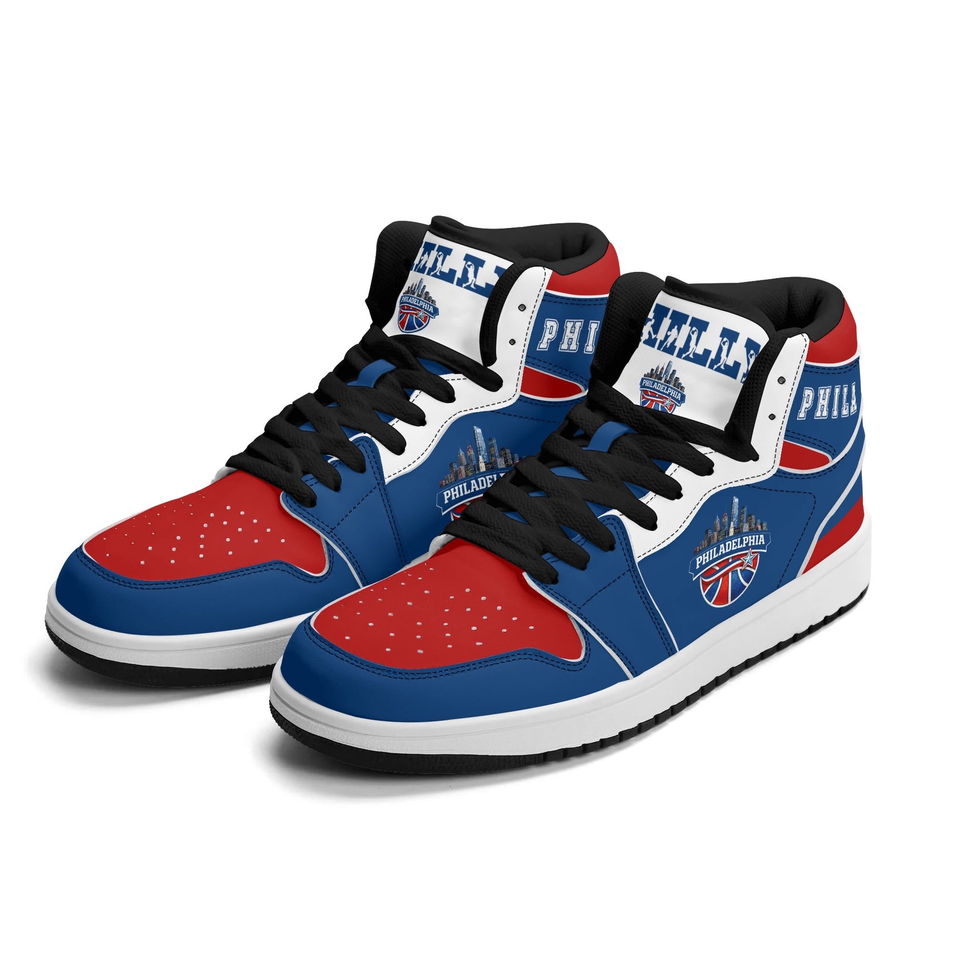 Philadelphia basketball-inspired high top sneakers in blue with all-over city graphic printed upper