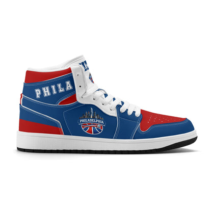 Philadelphia basketball-inspired high top sneakers in blue with all-over city graphic printed upper