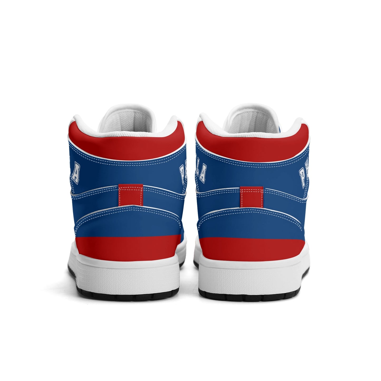 Philadelphia basketball-inspired high top sneakers in blue with all-over city graphic printed upper