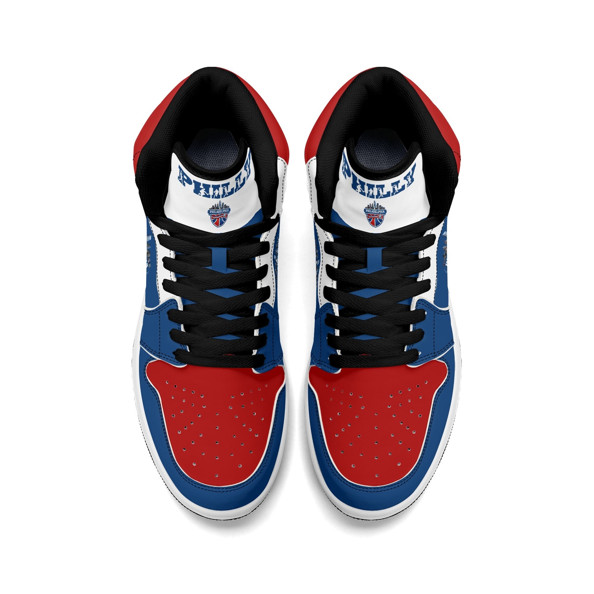 Philadelphia basketball-inspired high top sneakers in blue with all-over city graphic printed upper