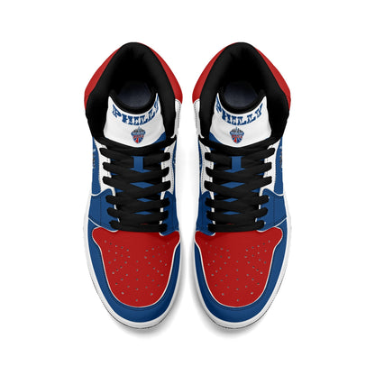 Philadelphia basketball-inspired high top sneakers in blue with all-over city graphic printed upper