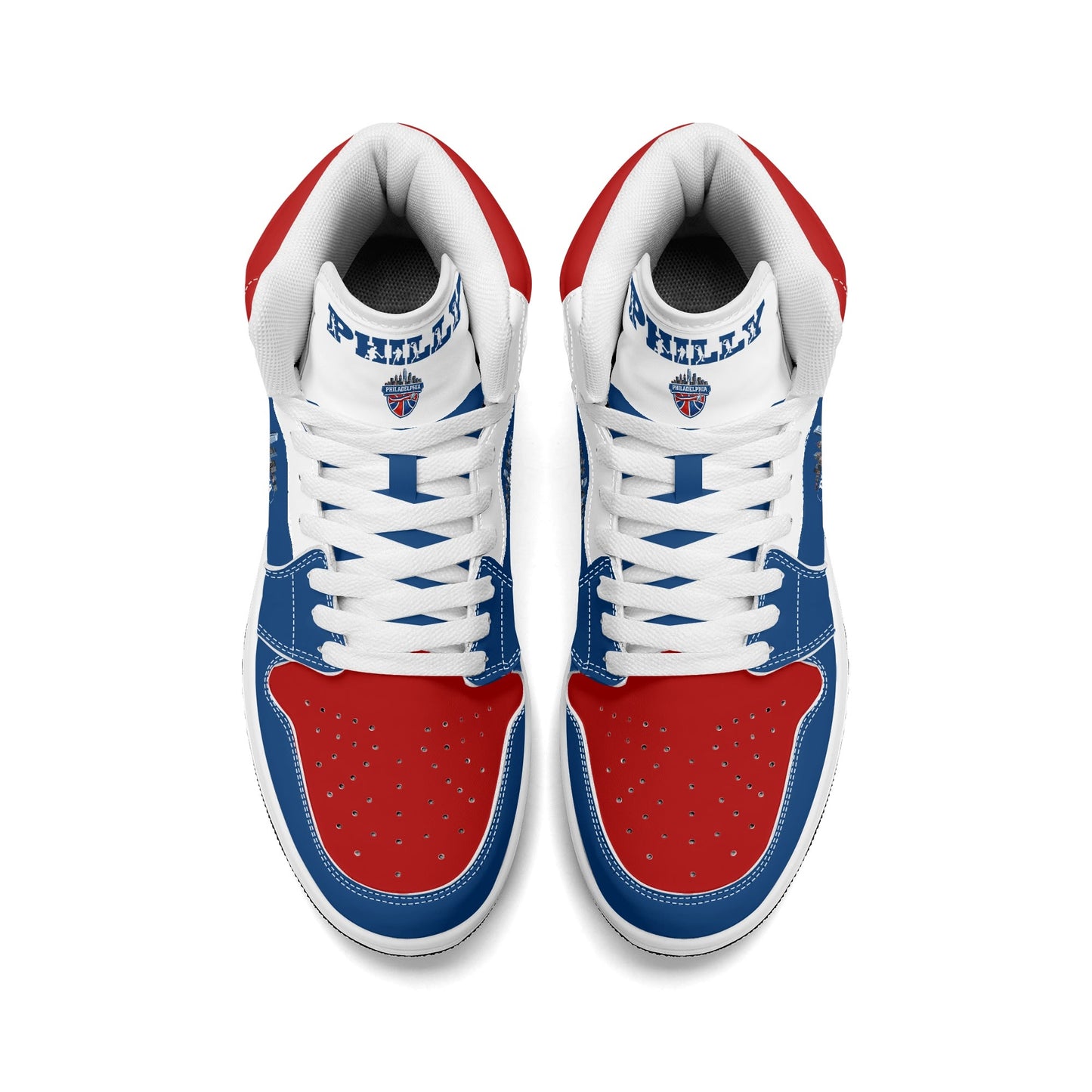 Philadelphia basketball-inspired high top sneakers in blue with all-over city graphic printed upper