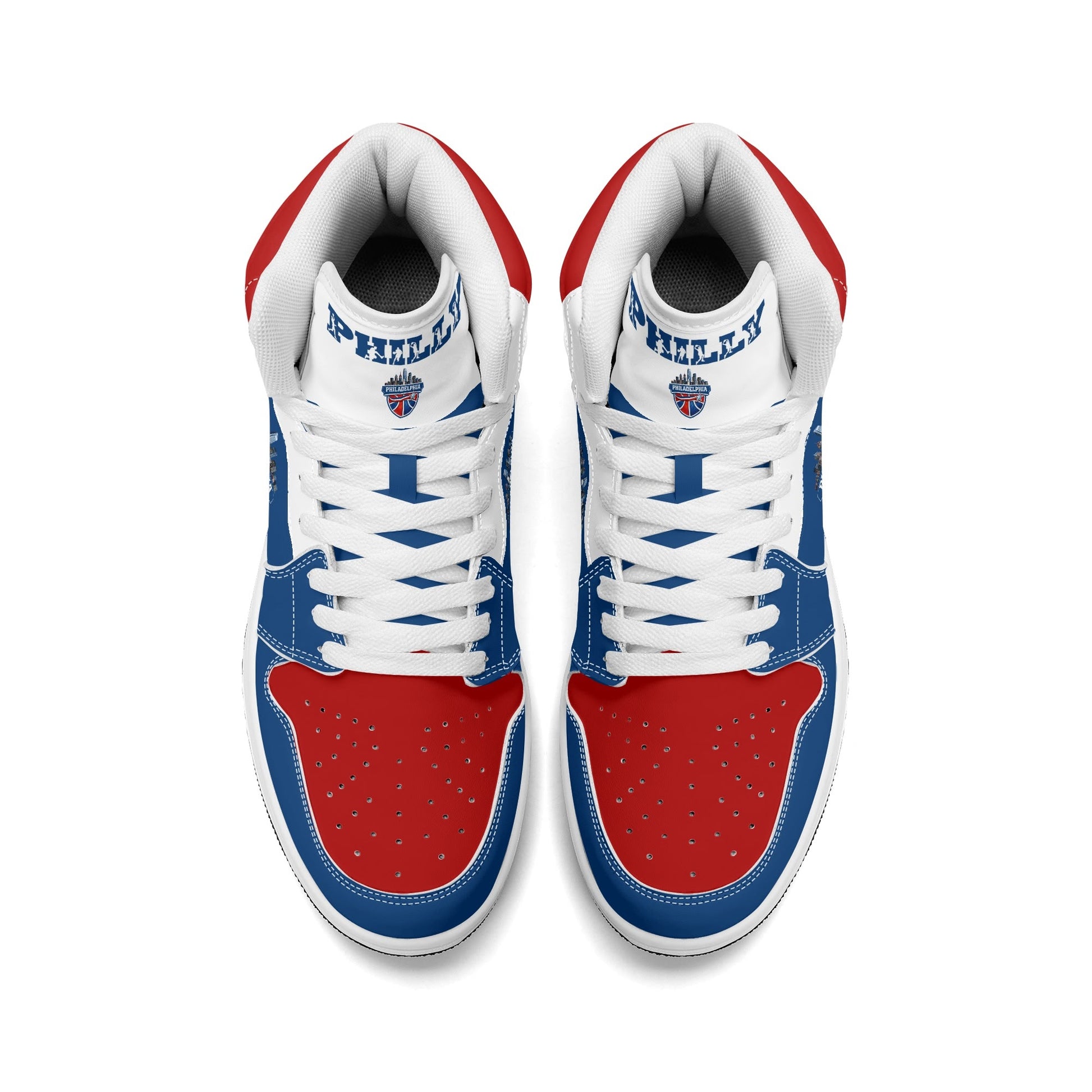 Philadelphia basketball-inspired high top sneakers in blue with all-over city graphic printed upper