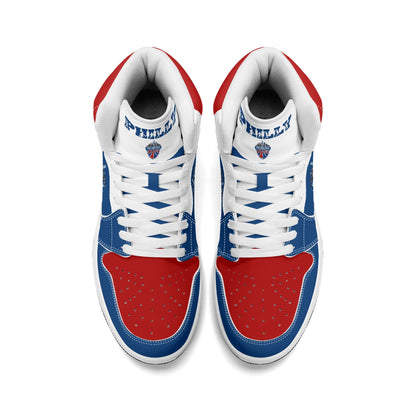 Philadelphia basketball-inspired high top sneakers in blue with all-over city graphic printed upper