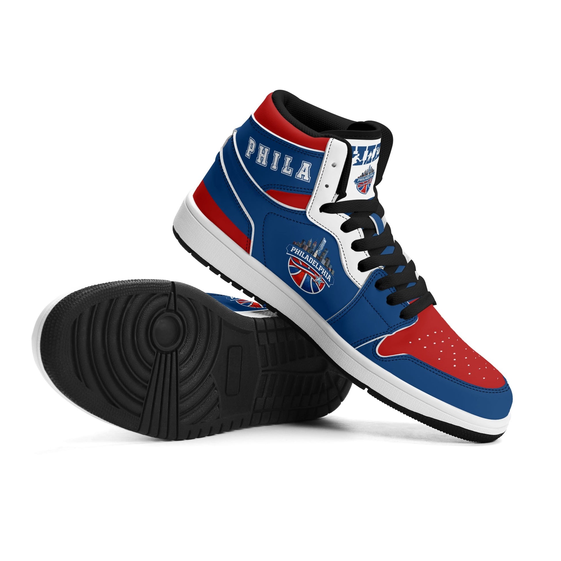 Philadelphia basketball-inspired high top sneakers in blue with all-over city graphic printed upper