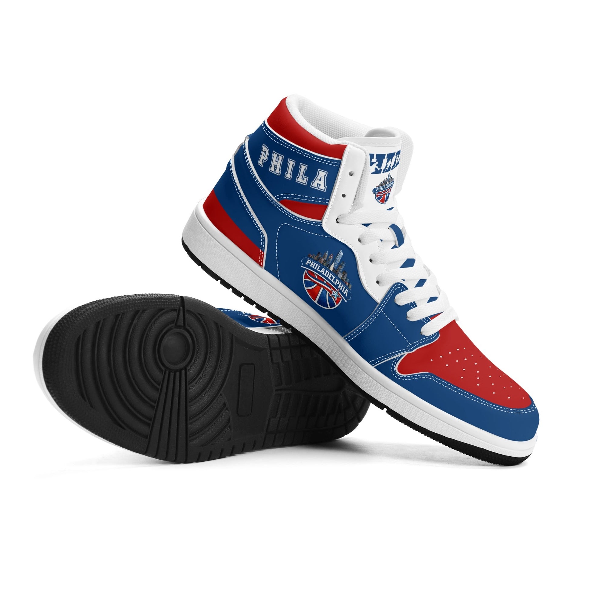 Philadelphia basketball-inspired high top sneakers in blue with all-over city graphic printed upper