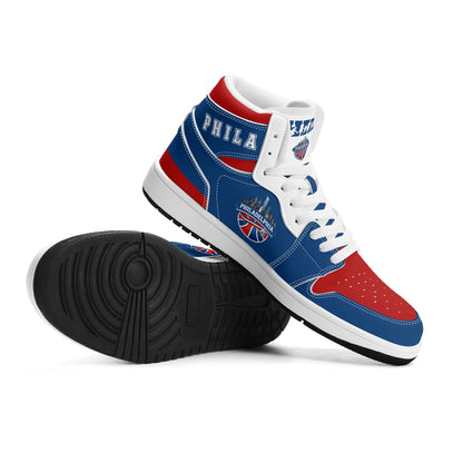 Philadelphia basketball-inspired high top sneakers in blue with all-over city graphic printed upper