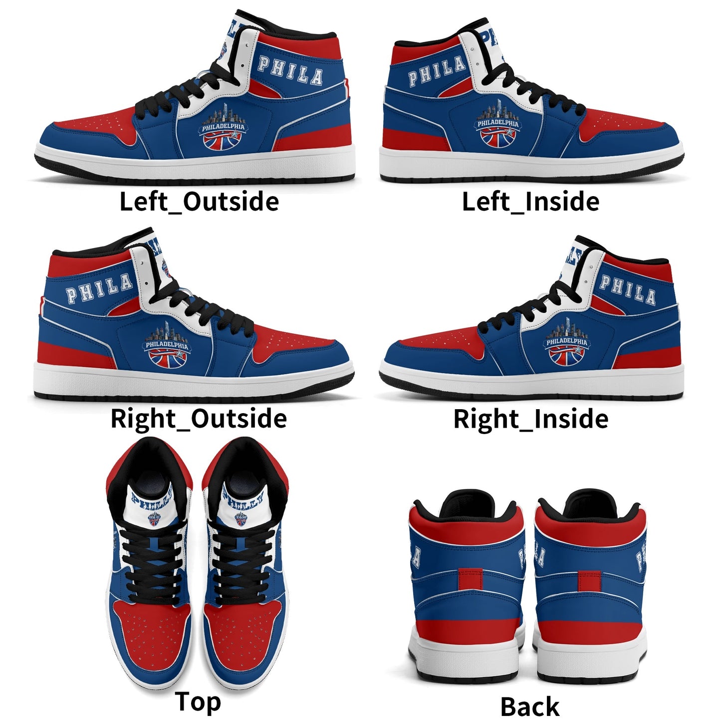 Philadelphia basketball-inspired high top sneakers in blue with all-over city graphic printed upper