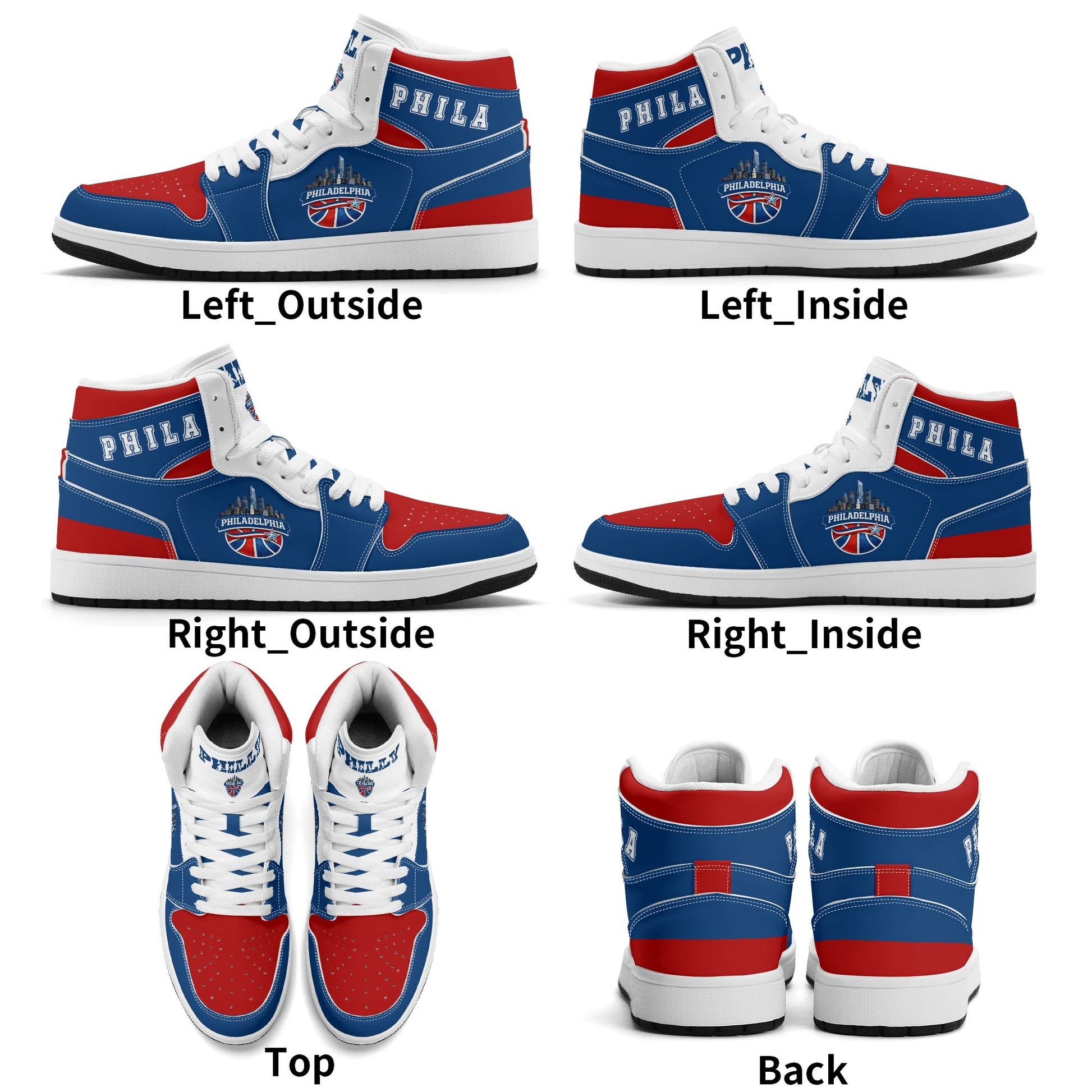 Philadelphia basketball-inspired high top sneakers in blue with all-over city graphic printed upper