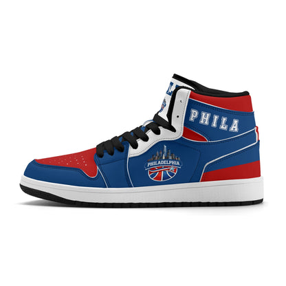Philadelphia basketball-inspired high top sneakers in blue with all-over city graphic printed upper