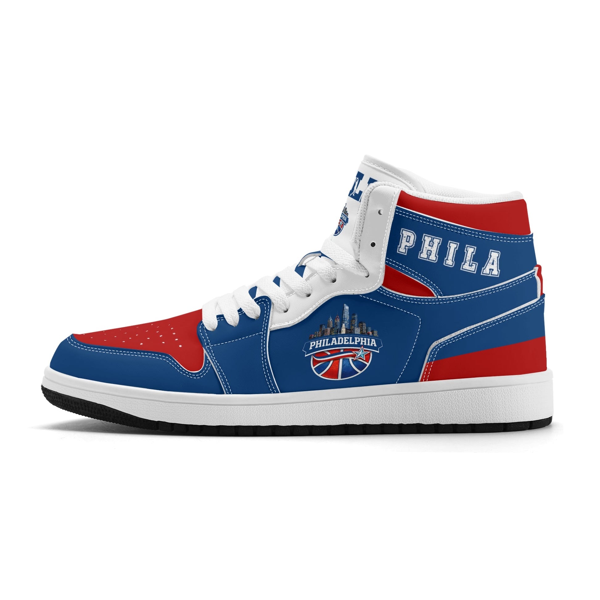 Philadelphia basketball-inspired high top sneakers in blue with all-over city graphic printed upper