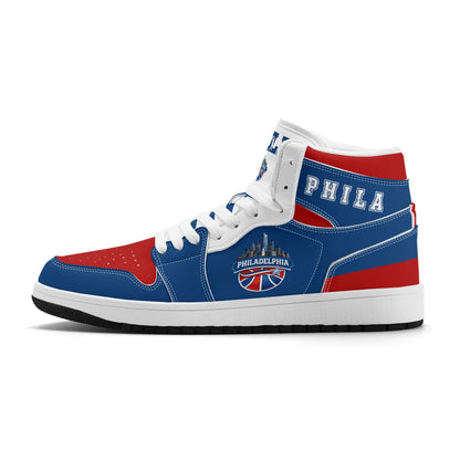 Philadelphia basketball-inspired high top sneakers in blue with all-over city graphic printed upper
