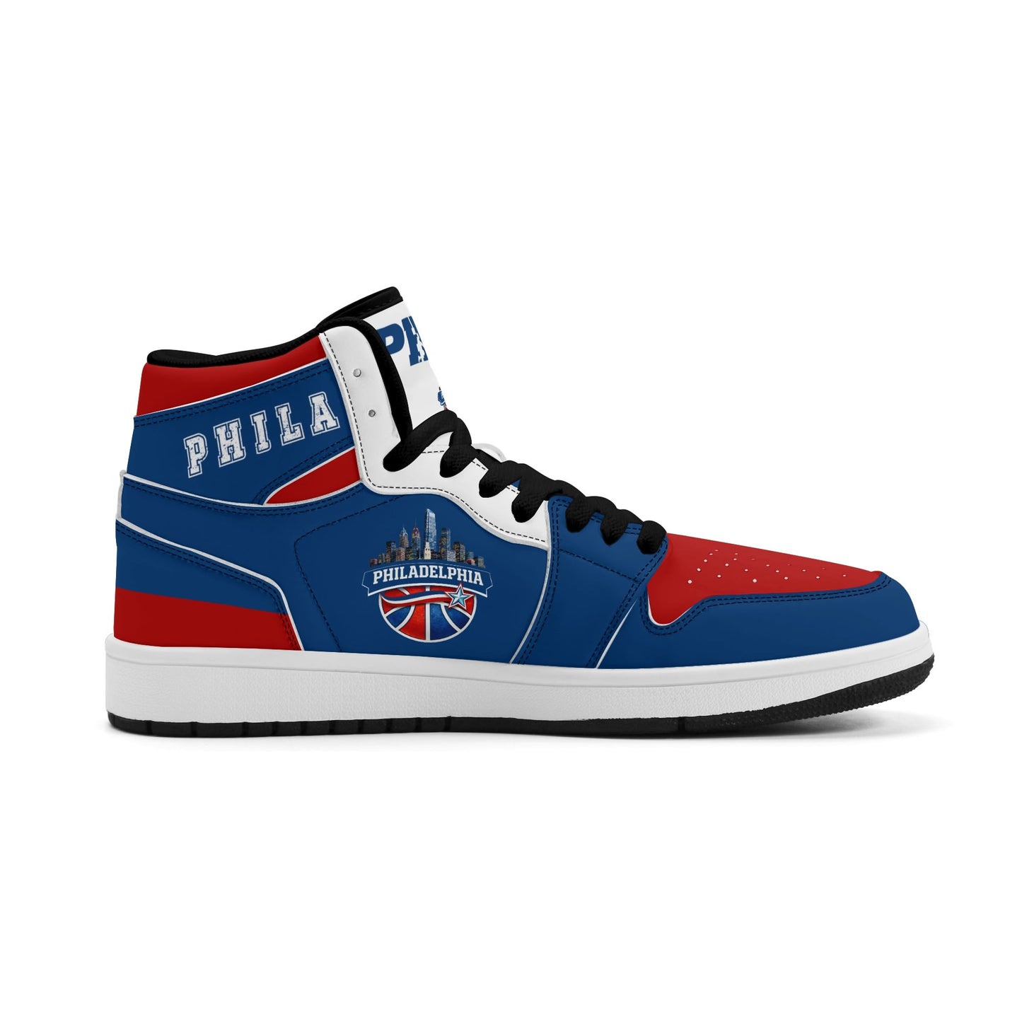 Philadelphia basketball-inspired high top sneakers in blue with all-over city graphic printed upper