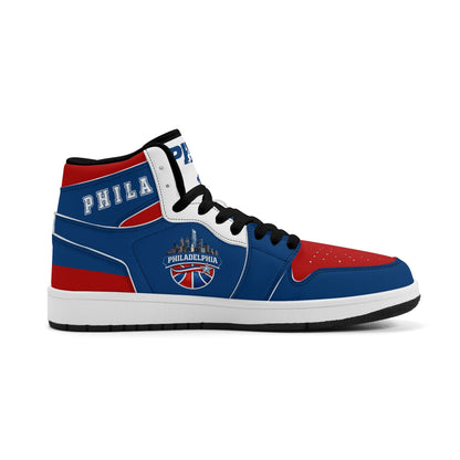 Philadelphia basketball-inspired high top sneakers in blue with all-over city graphic printed upper