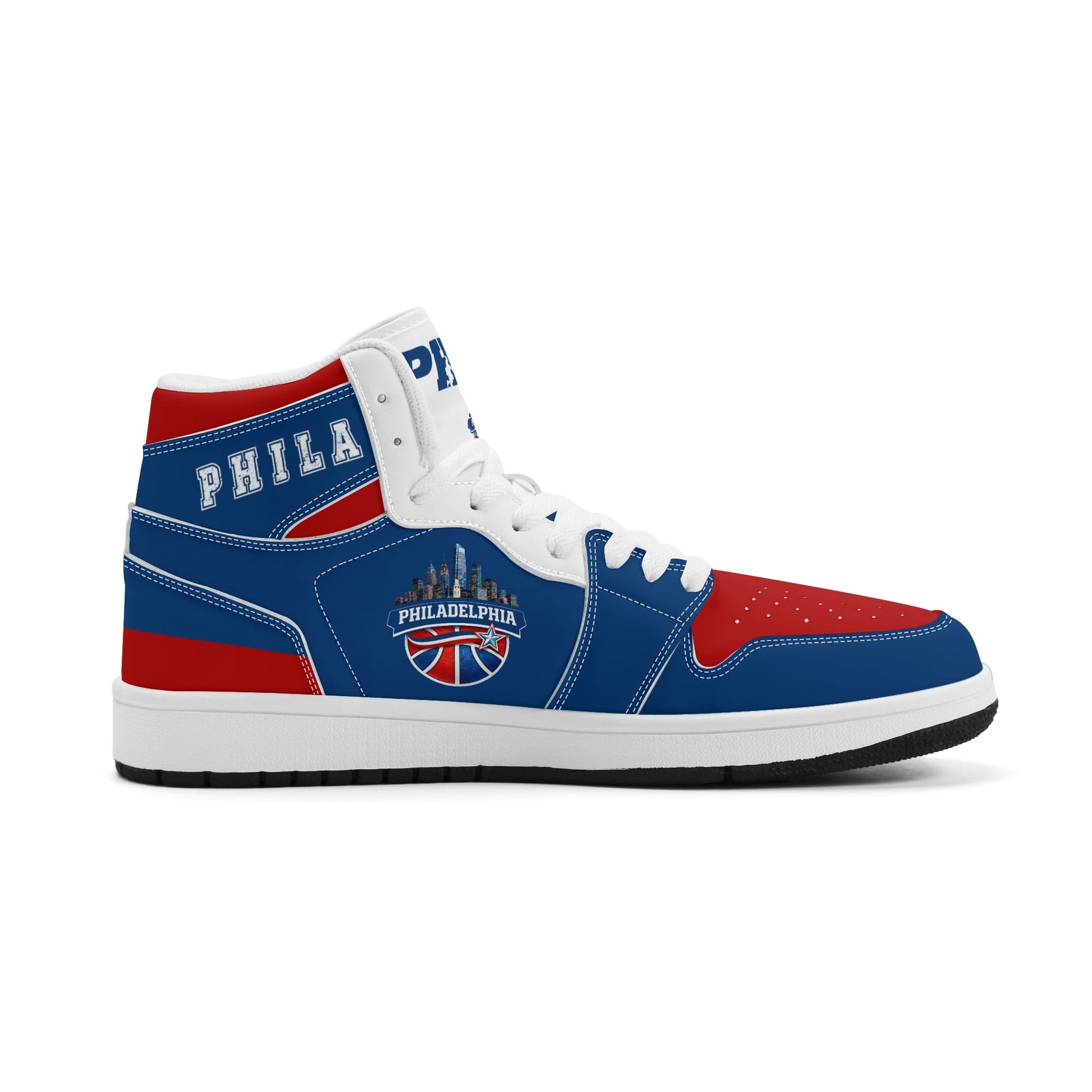 Philadelphia basketball-inspired high top sneakers in blue with all-over city graphic printed upper