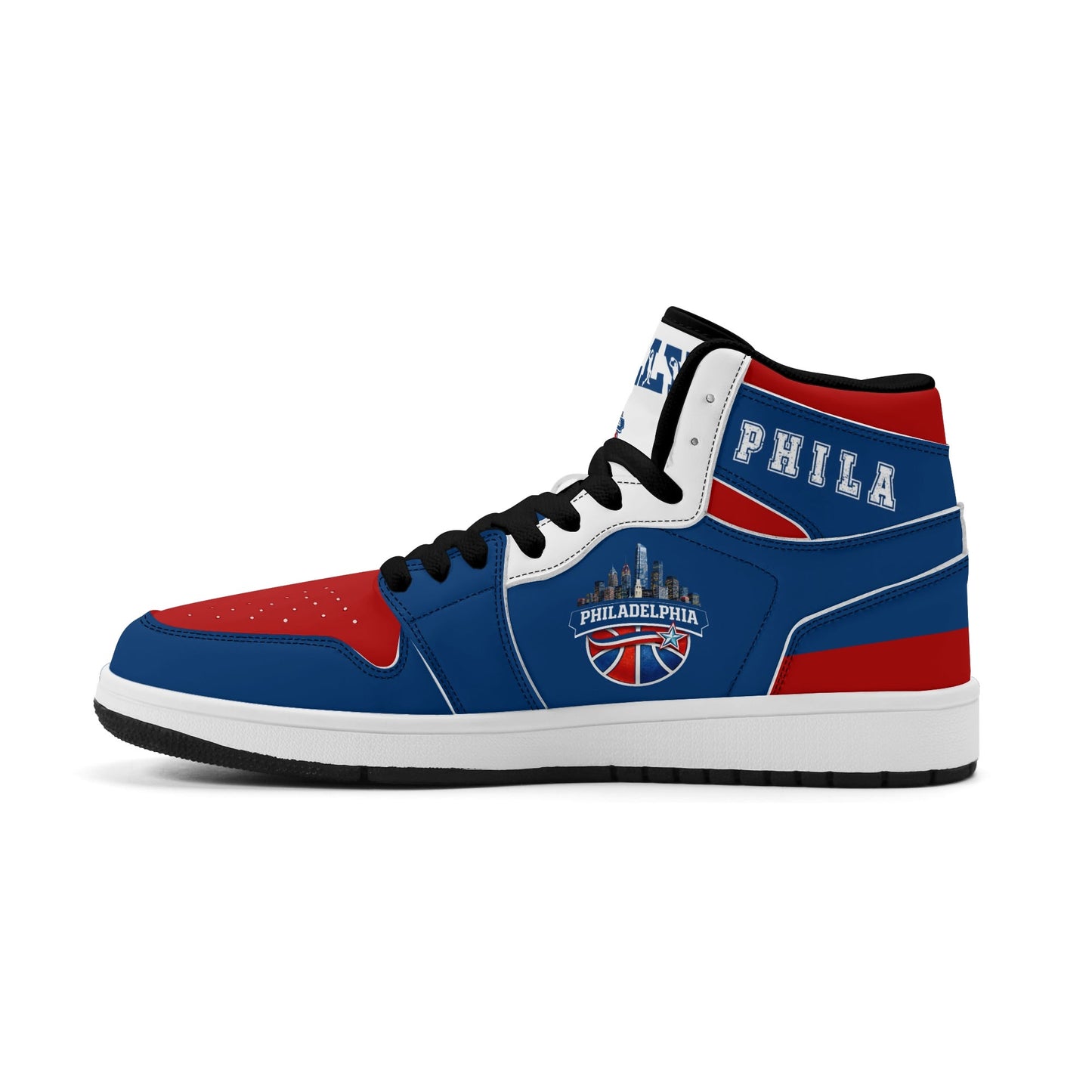 Philadelphia basketball-inspired high top sneakers in blue with all-over city graphic printed upper
