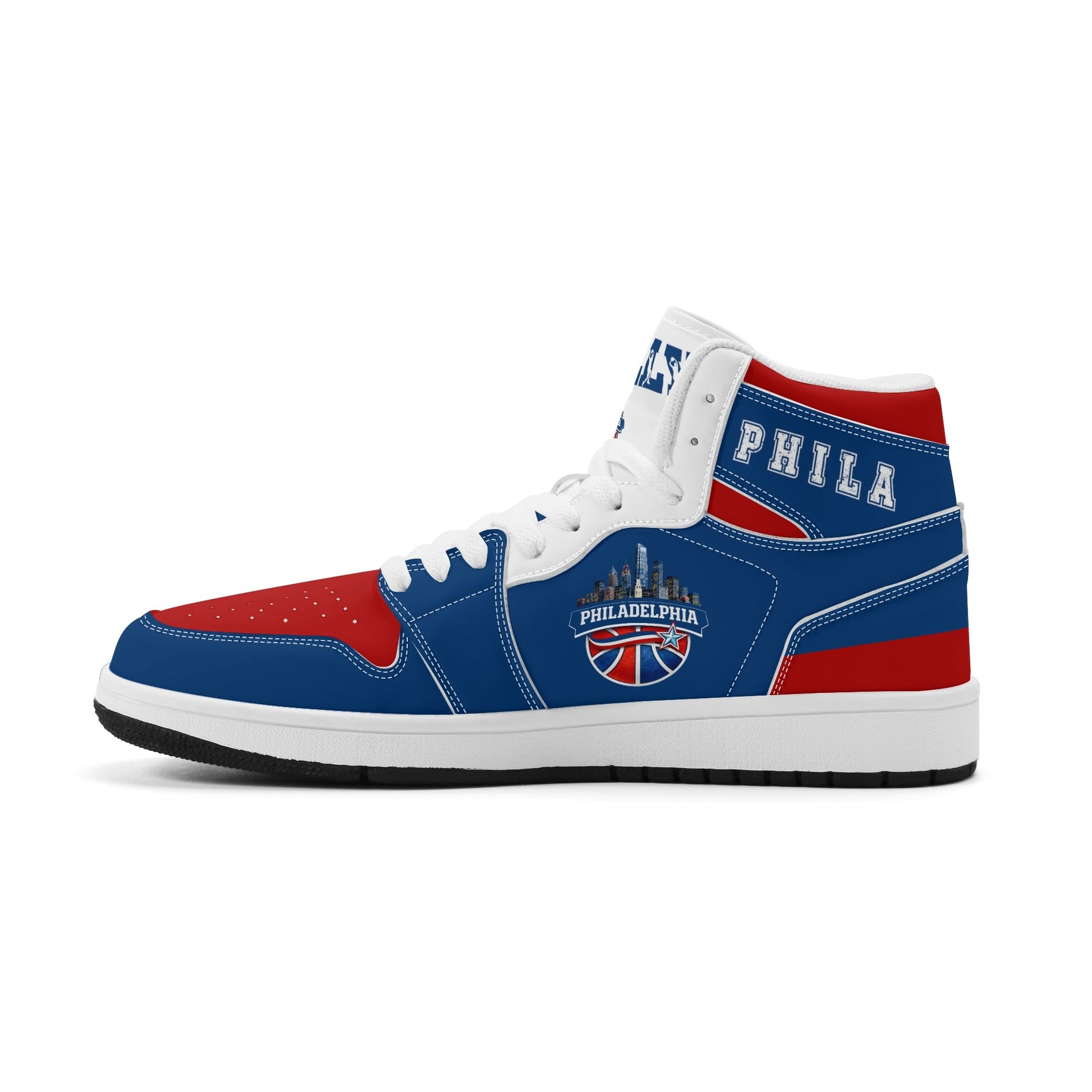 Philadelphia basketball-inspired high top sneakers in blue with all-over city graphic printed upper