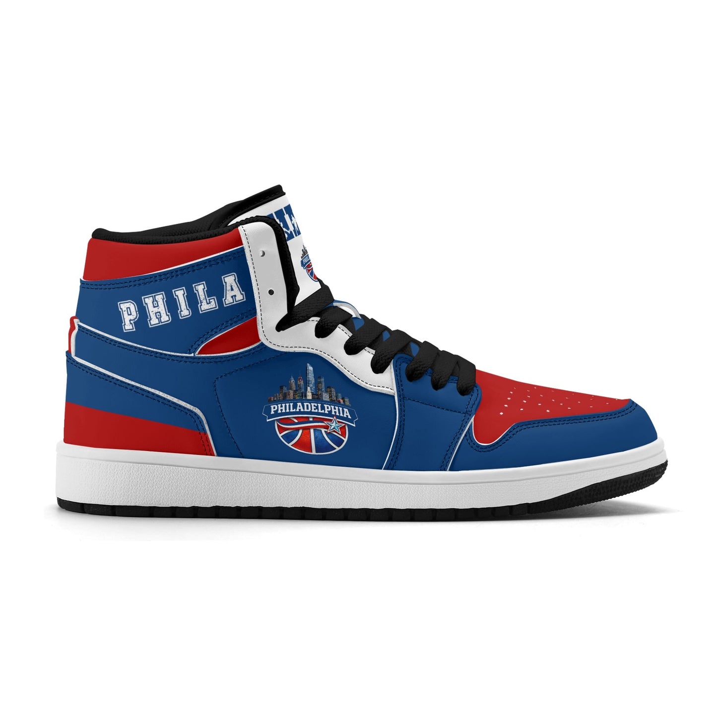 Philadelphia basketball-inspired high top sneakers in blue with all-over city graphic printed upper