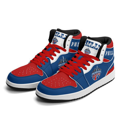 Philadelphia basketball-inspired high top sneakers in blue with all-over city graphic printed upper