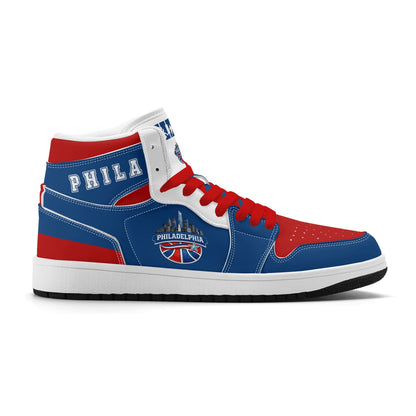 Philadelphia basketball-inspired high top sneakers in blue with all-over city graphic printed upper