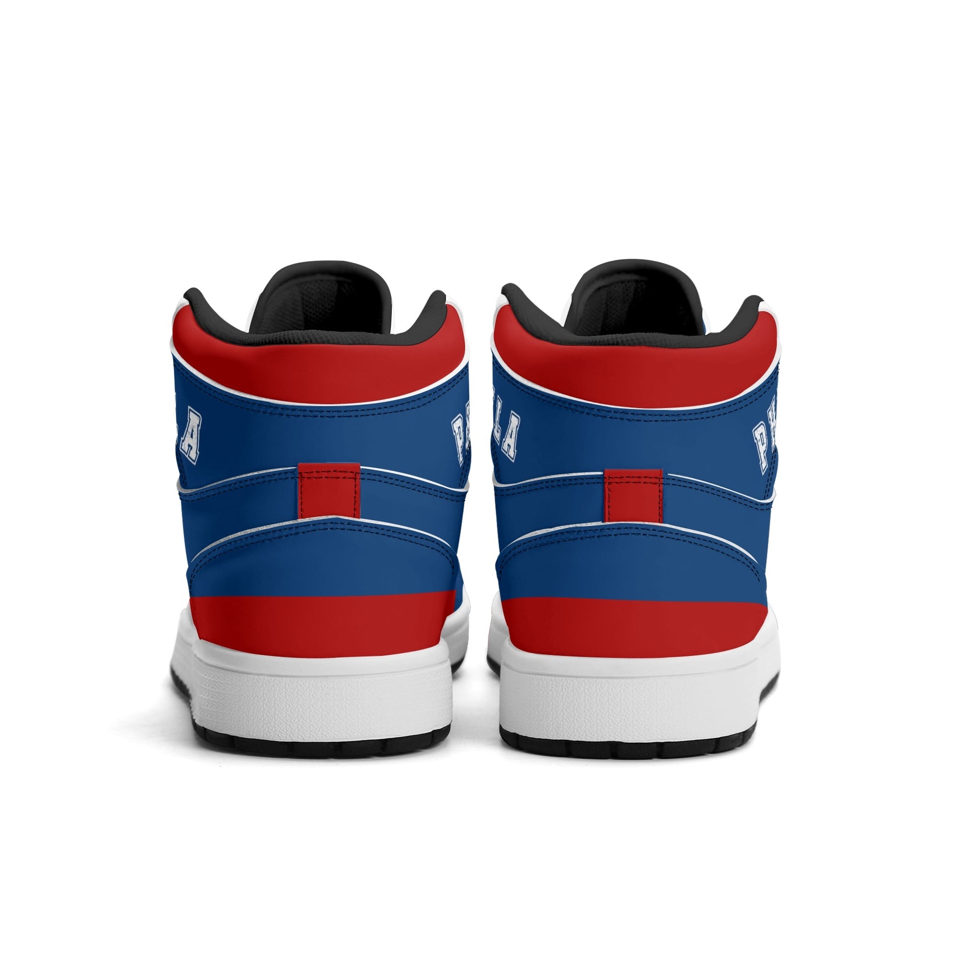Philadelphia basketball-inspired high top sneakers in blue with all-over city graphic printed upper
