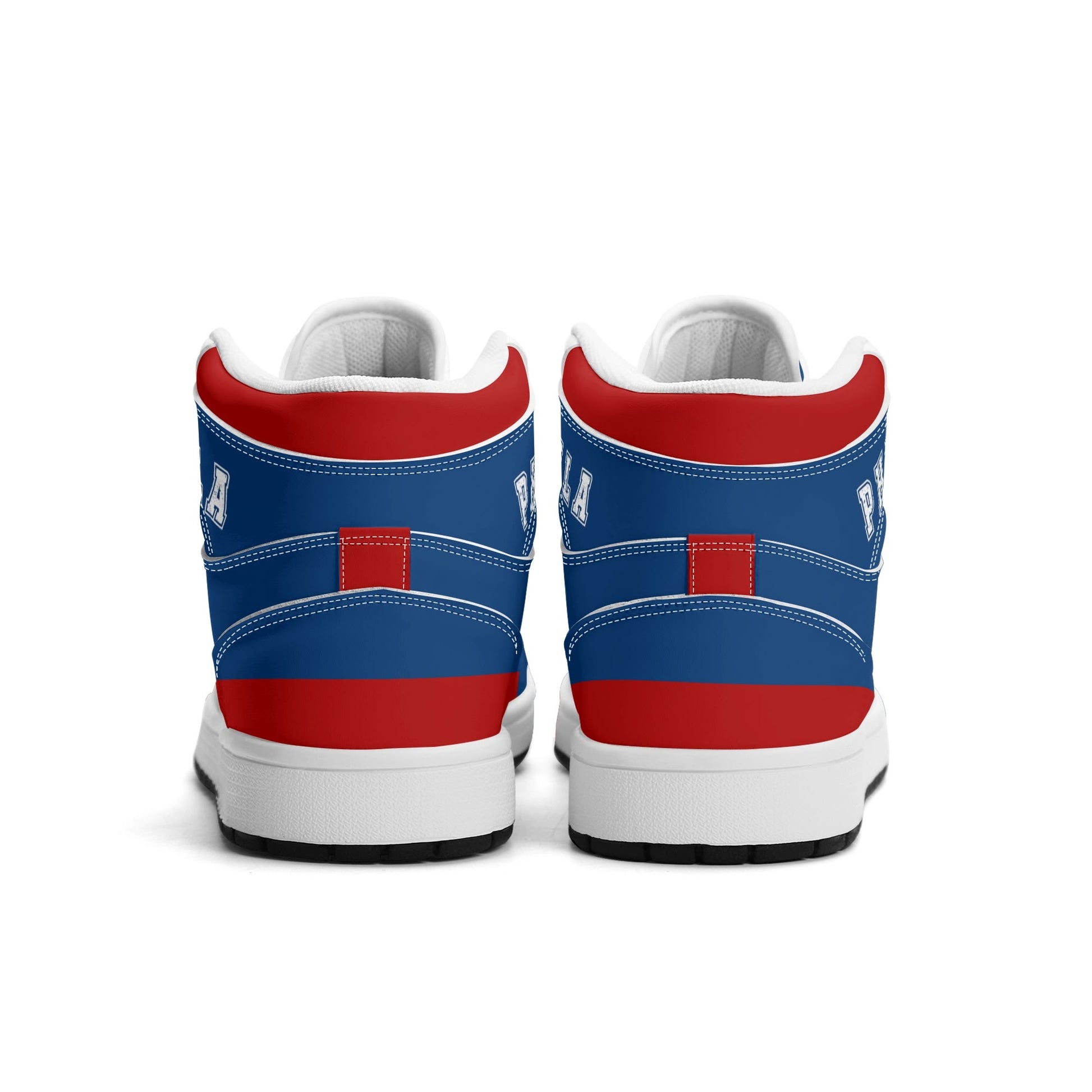 Philadelphia basketball-inspired high top sneakers in blue with all-over city graphic printed upper
