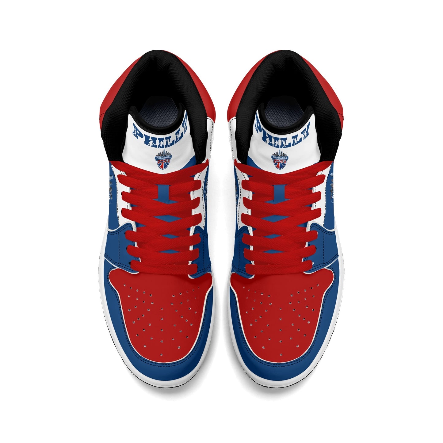 Philadelphia basketball-inspired high top sneakers in blue with all-over city graphic printed upper