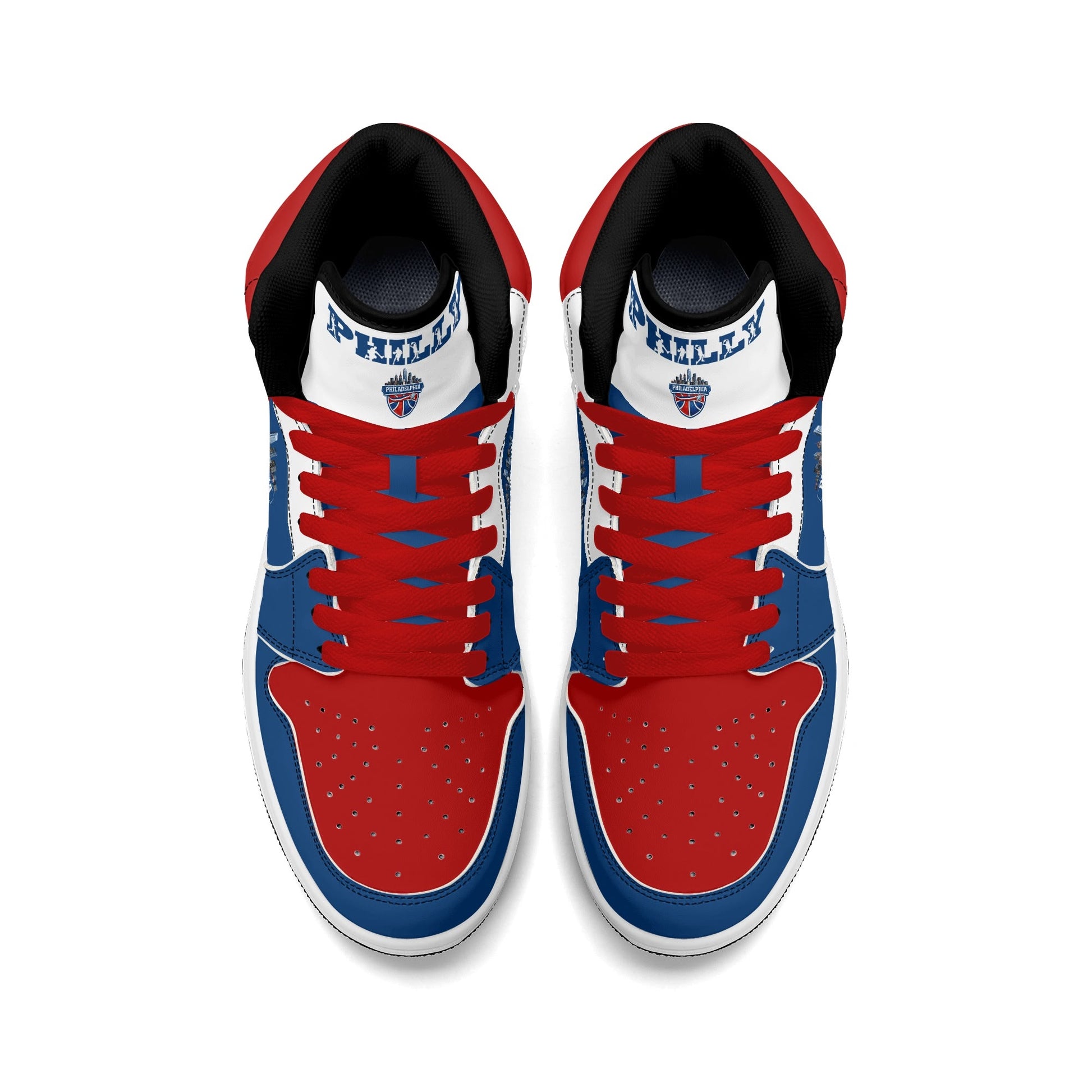 Philadelphia basketball-inspired high top sneakers in blue with all-over city graphic printed upper