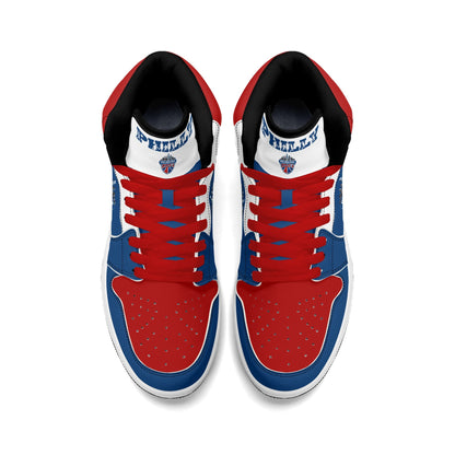 Philadelphia basketball-inspired high top sneakers in blue with all-over city graphic printed upper