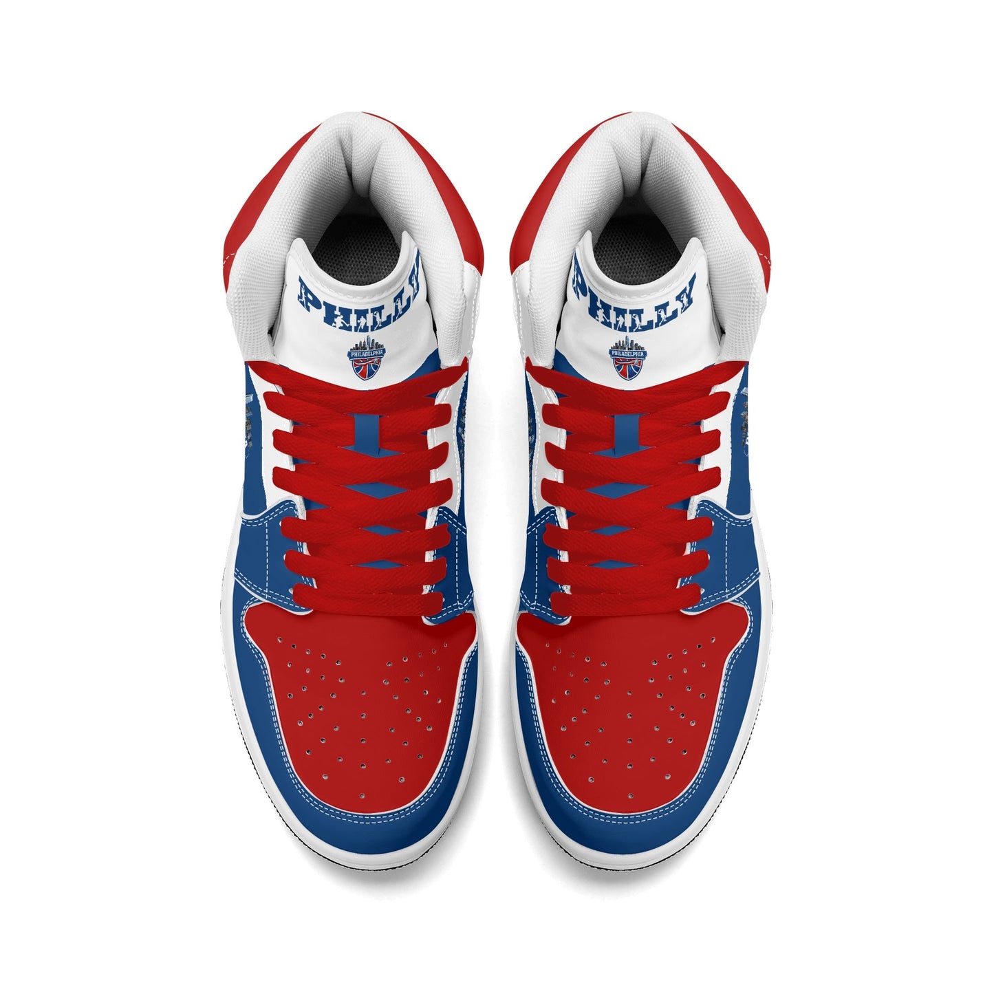 Philadelphia basketball-inspired high top sneakers in blue with all-over city graphic printed upper